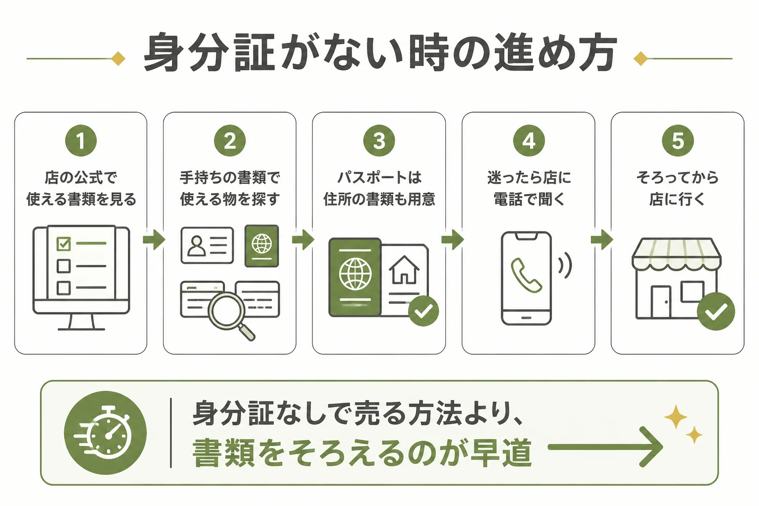 身分証が手元にない時に使える書類をそろえて店に行くまでの手順の図解