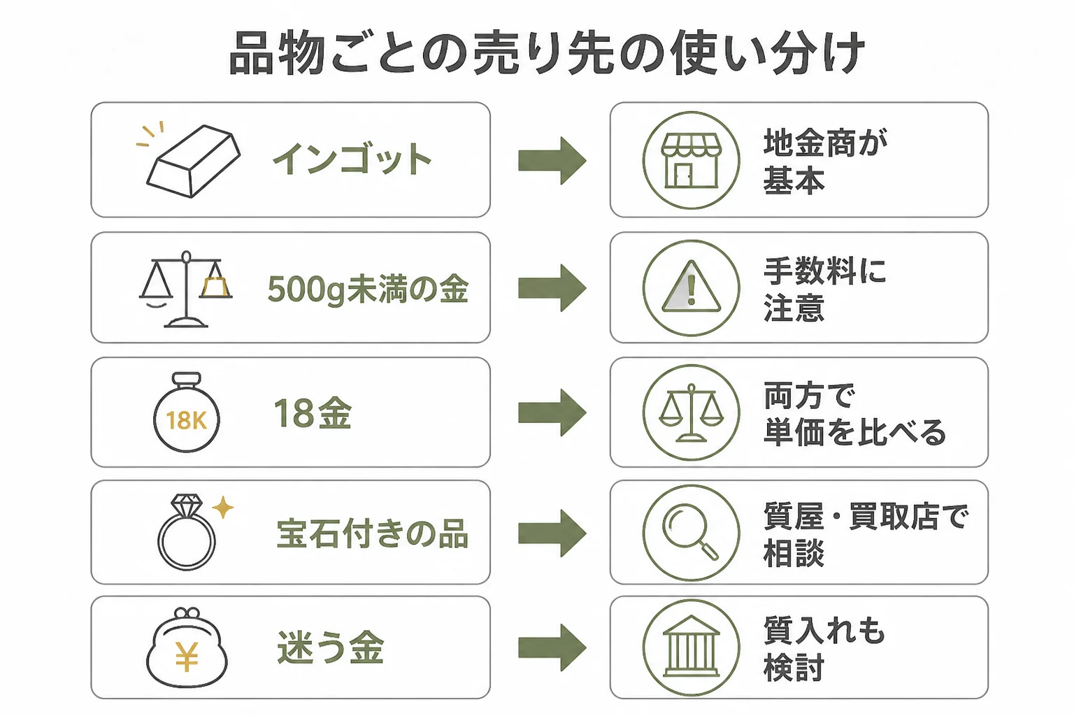 品物ごとの売り先の使い分けの図解