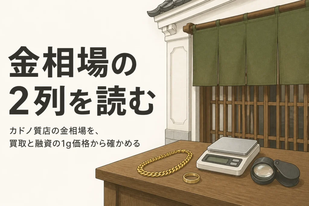 カドノ質店の金相場を買取と融資の1gの価格から確かめることを表したアイキャッチ
