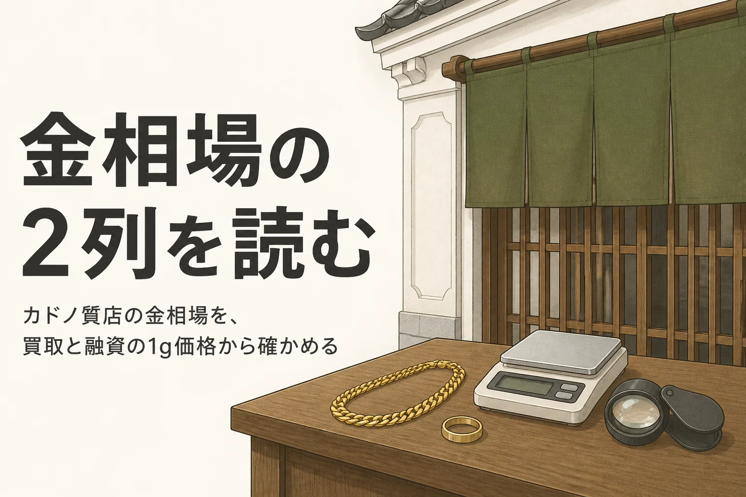 カドノ質店の金相場を買取と融資の1gの価格から確かめることを表したアイキャッチ