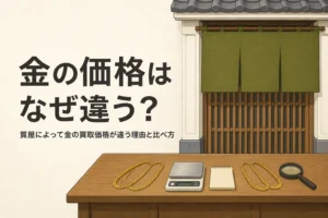 質屋によって金の買取価格が違う理由と比べ方を表したアイキャッチ