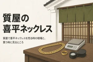 質屋で喜平ネックレスを売る・買う時のポイントを表したアイキャッチ
