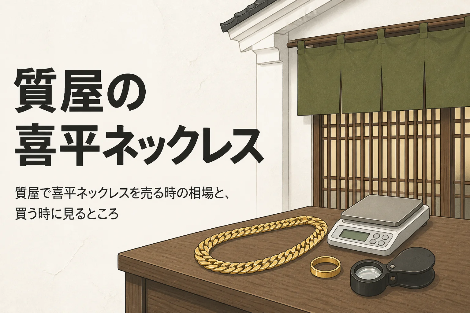 質屋で喜平ネックレスを売る・買う時のポイントを表したアイキャッチ