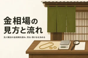 及川質店の金相場の見方と、金を売る時・預ける時の流れを表したアイキャッチ