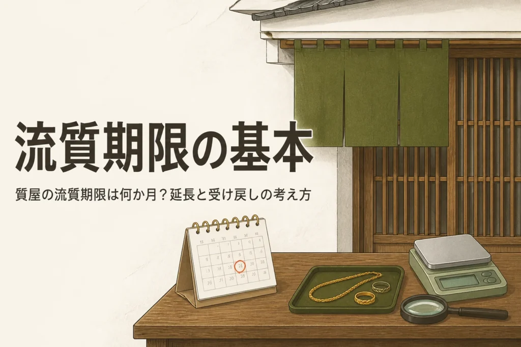 質屋の流質期限と延長・受け戻しを表したアイキャッチ