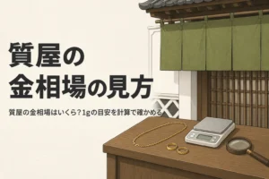 質屋の金相場と1gの買取価格の見方を表したアイキャッチ