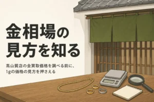 高山質店の金買取価格を調べる前に知っておきたい金相場の見方を表したアイキャッチ