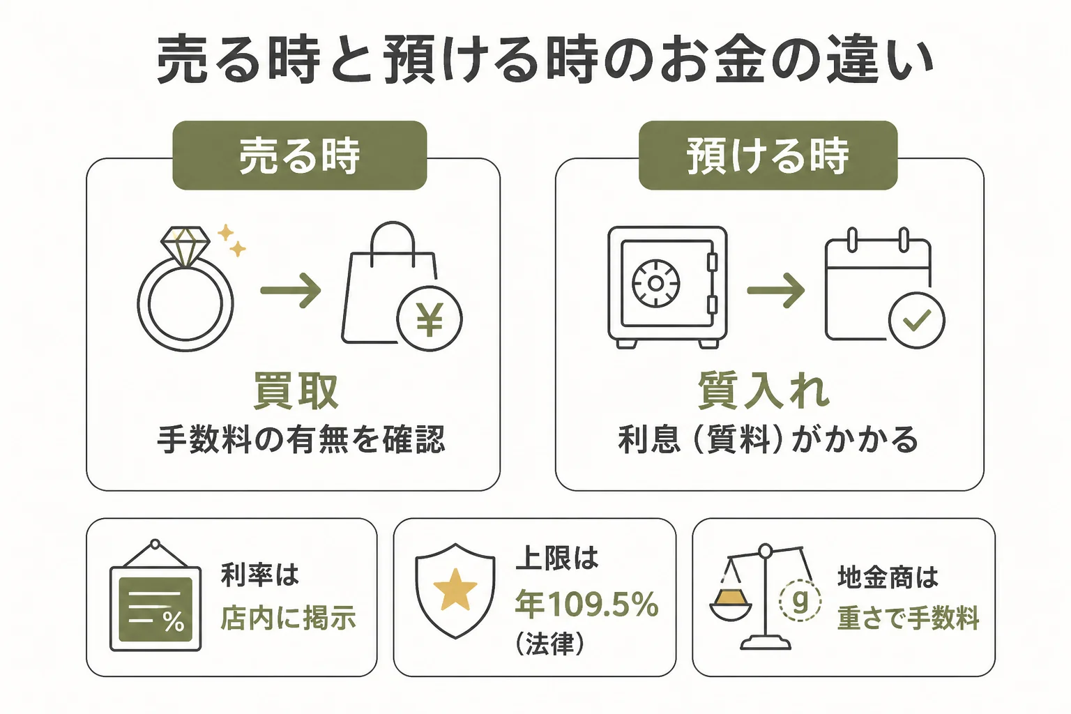 質屋で金を売る時と質入れする時にかかるお金の違いの図解