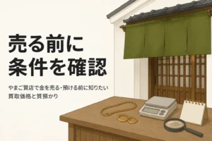 やまご質店で金を売る・預ける前に確認したい買取価格と質預かりの条件を表したアイキャッチ