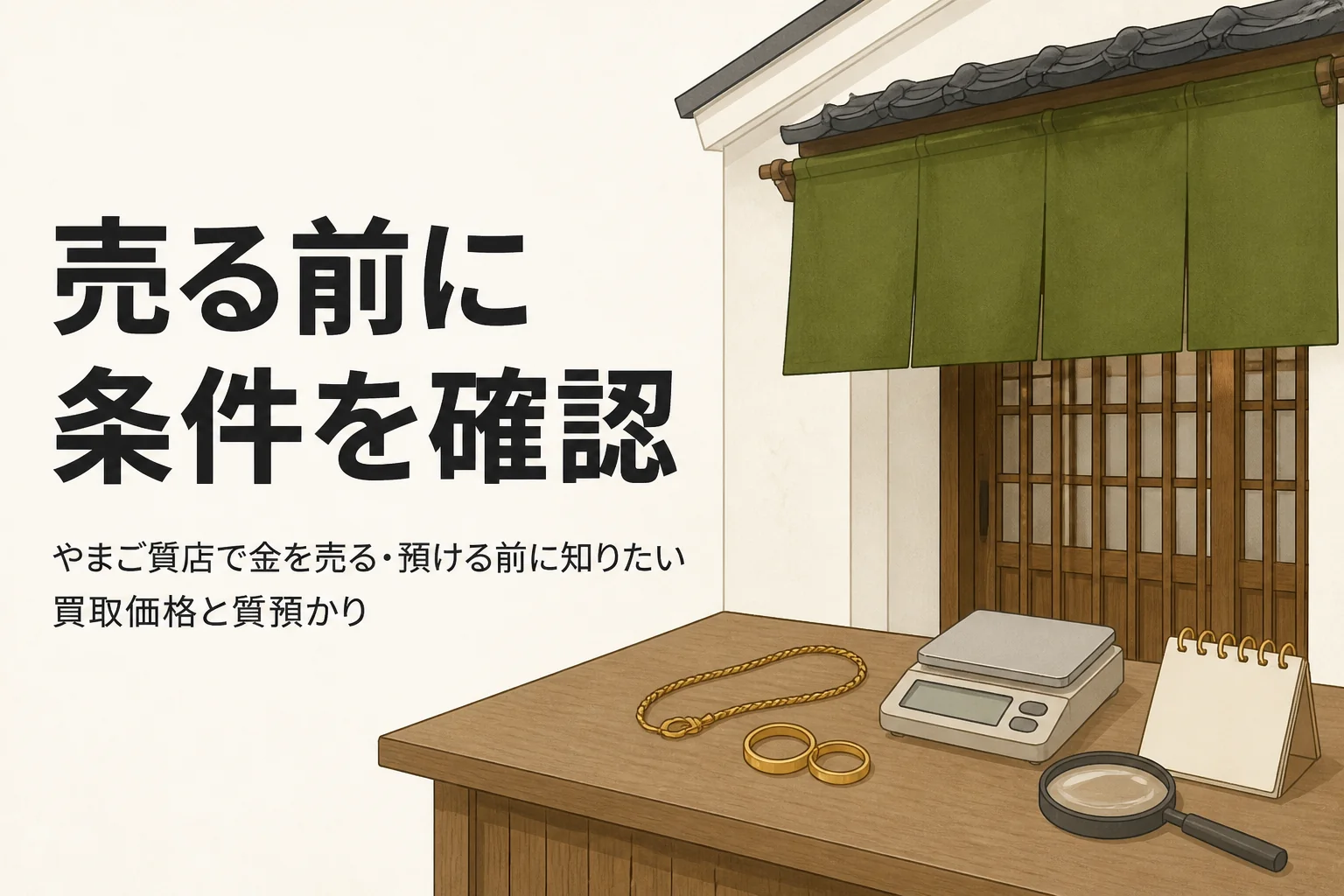 やまご質店で金を売る・預ける前に確認したい買取価格と質預かりの条件を表したアイキャッチ